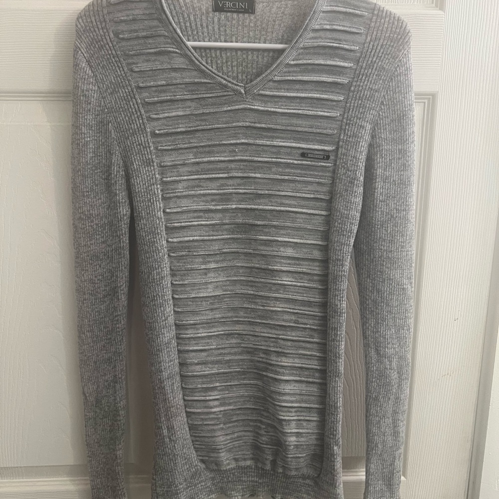Vercini Textured Men's V-Neck Gray Sweater Size Large